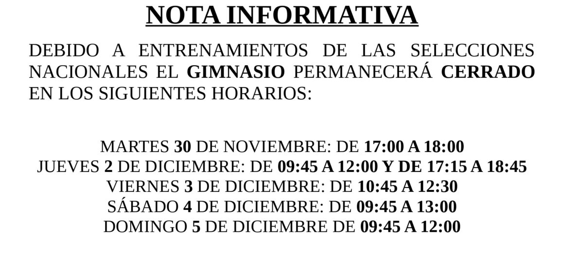 (Español) EL GIMNASIO MUNICIPAL PERMANECERÁ CERRADO EN ALGUNOS HORARIOS