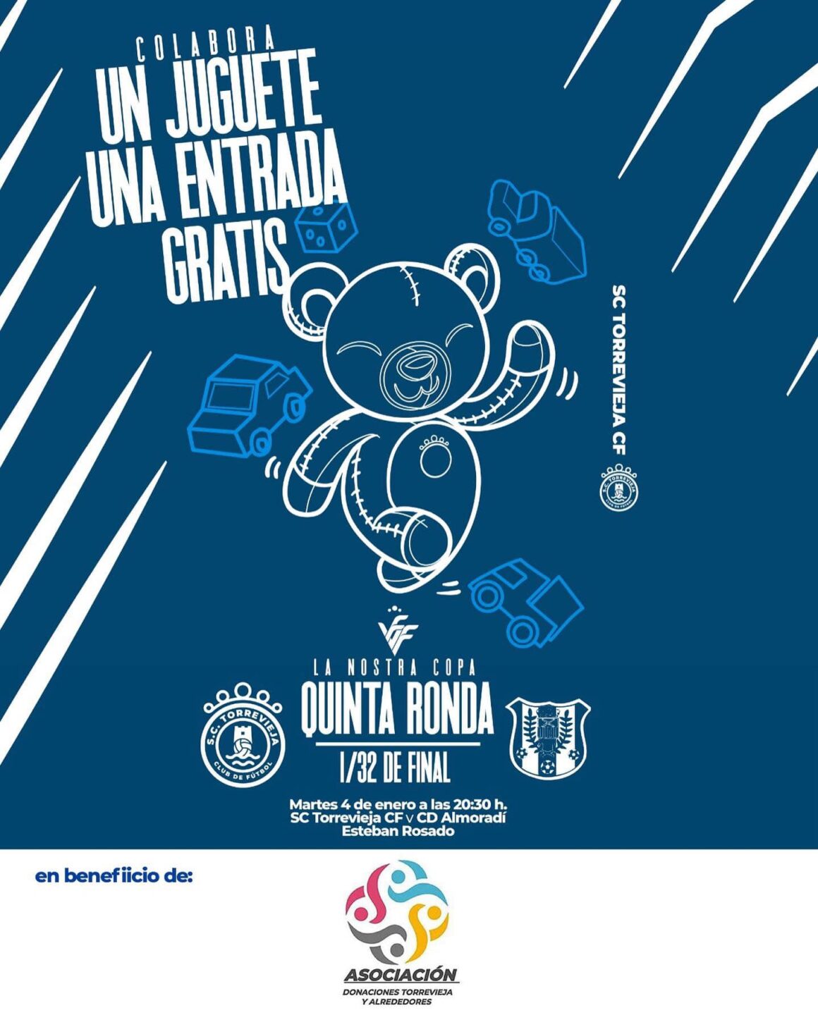 (Español) Un juguete, una entrada, para el partido de mañana del SC Torrevieja en La Nostra Copa.
