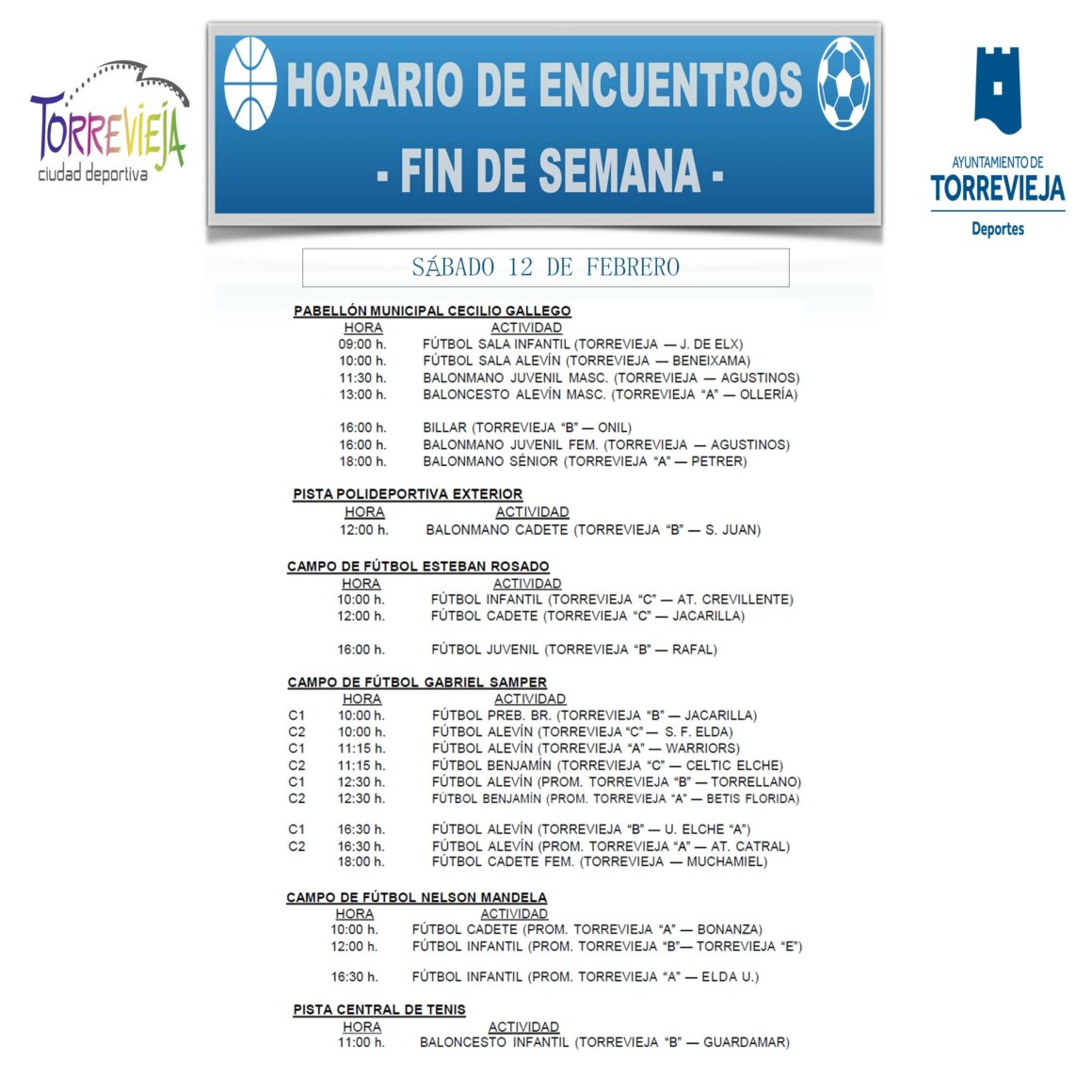 📆 ¡AGENDA DEPORTIVA PARA ESTE FIN DE SEMANA! 🤾⚽⛹🏻‍♀️🥎🏒🎾🏊🏻‍♀️🥅🚴‍♂️🎱 #TorreviejaEsDeporte