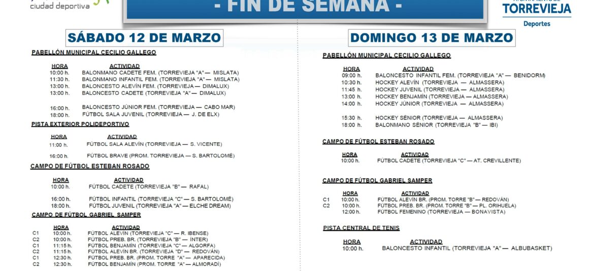 📆 ¡AGENDA DEPORTIVA PARA ESTE FIN DE SEMANA!  ⛹🏻‍♀️🏀⛹🏼‍♂️⚽🥅🤾🏽‍♀️🏐🤾🏼‍♂️🎱🏒🏃🏻🎾⛳