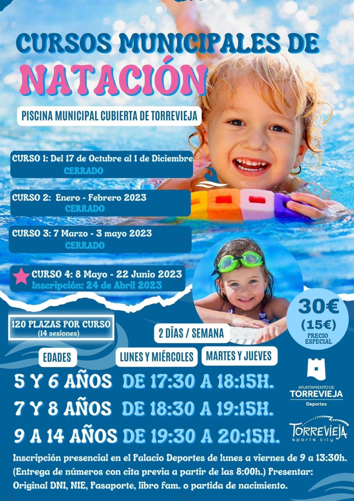 (Español) 📣 ¡SE ABREN INSCRIPCIONES PARA LOS CURSOS MUNICIPALES DE NATACIÓN! 🏊🏻‍♀️🏊🏻‍♂️