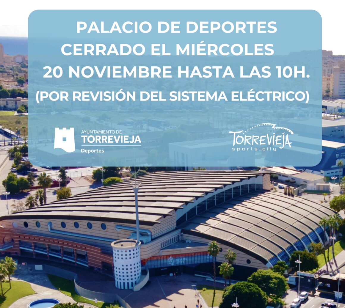 (Español) El próximo miércoles 20 de noviembre se cerrará el Palacio de Deportes (piscina, oficinas, pistas deportivas,…) hasta las 10h. Por revisión del sistema eléctrico.